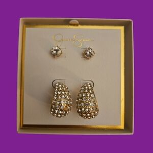 JESSICA SIMPSON Goldtone Paved Chunky Hoop and Solitaire Post Earrings